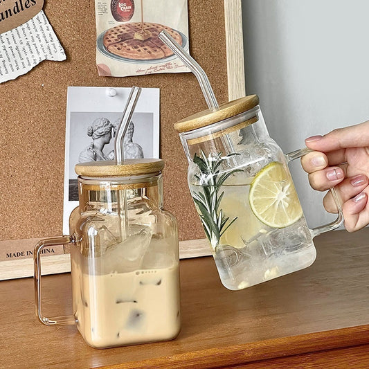 Square Lid Straw Mark With Handle High Temperature Resistant Large Capacity Cute Glass