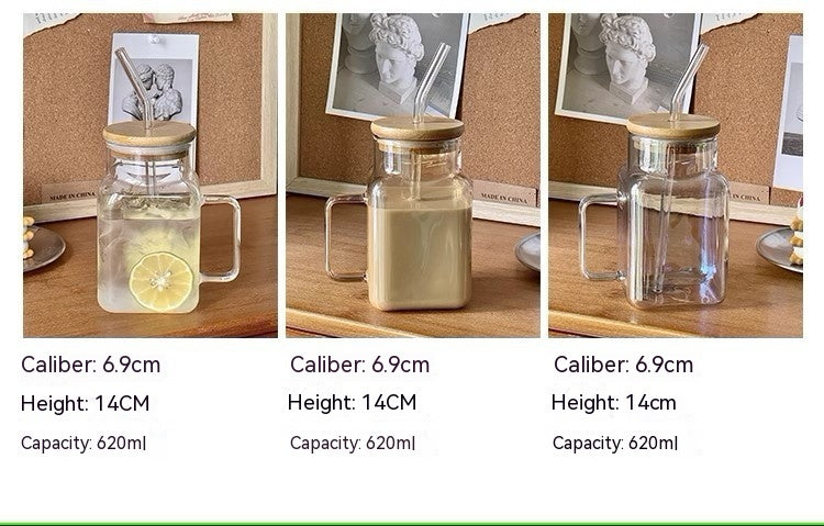 Square Lid Straw Mark With Handle High Temperature Resistant Large Capacity Cute Glass