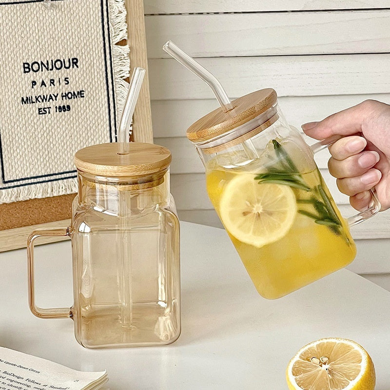 Square Lid Straw Mark With Handle High Temperature Resistant Large Capacity Cute Glass