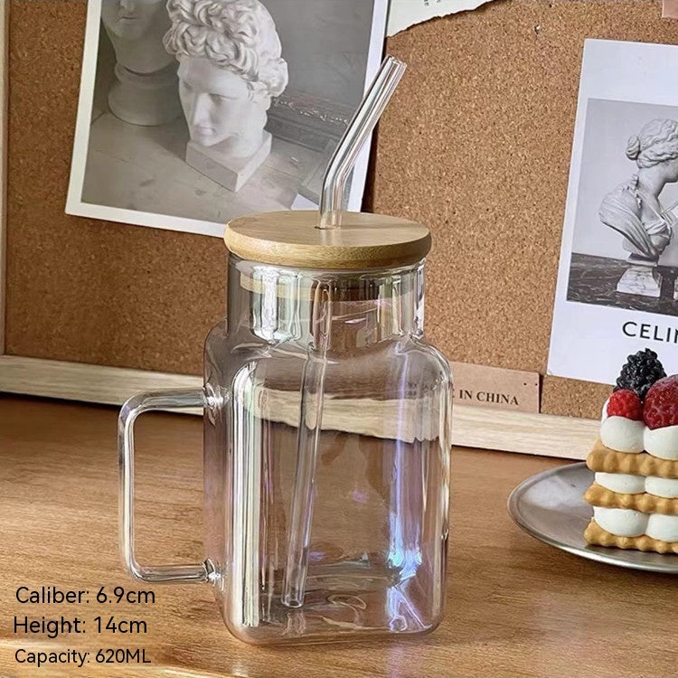 Square Lid Straw Mark With Handle High Temperature Resistant Large Capacity Cute Glass
